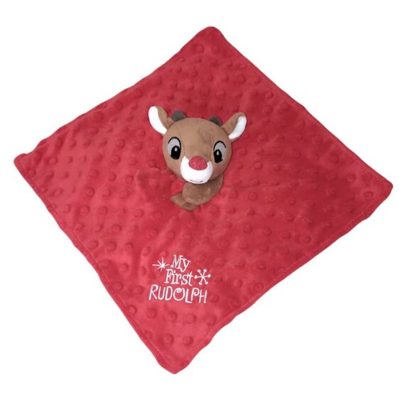 My First Rudolph Red Nosed Reindeer Rattle Minky Dots Lovey Security Blanket - Picture 2 of 5